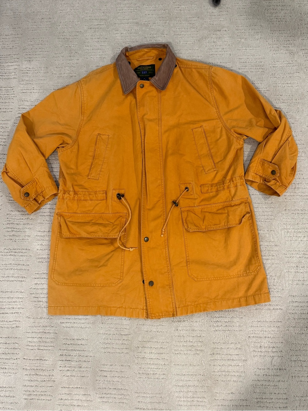 Vintage GAP Men's Field Jacket in Mustard Yellow with Brown Leather Collar